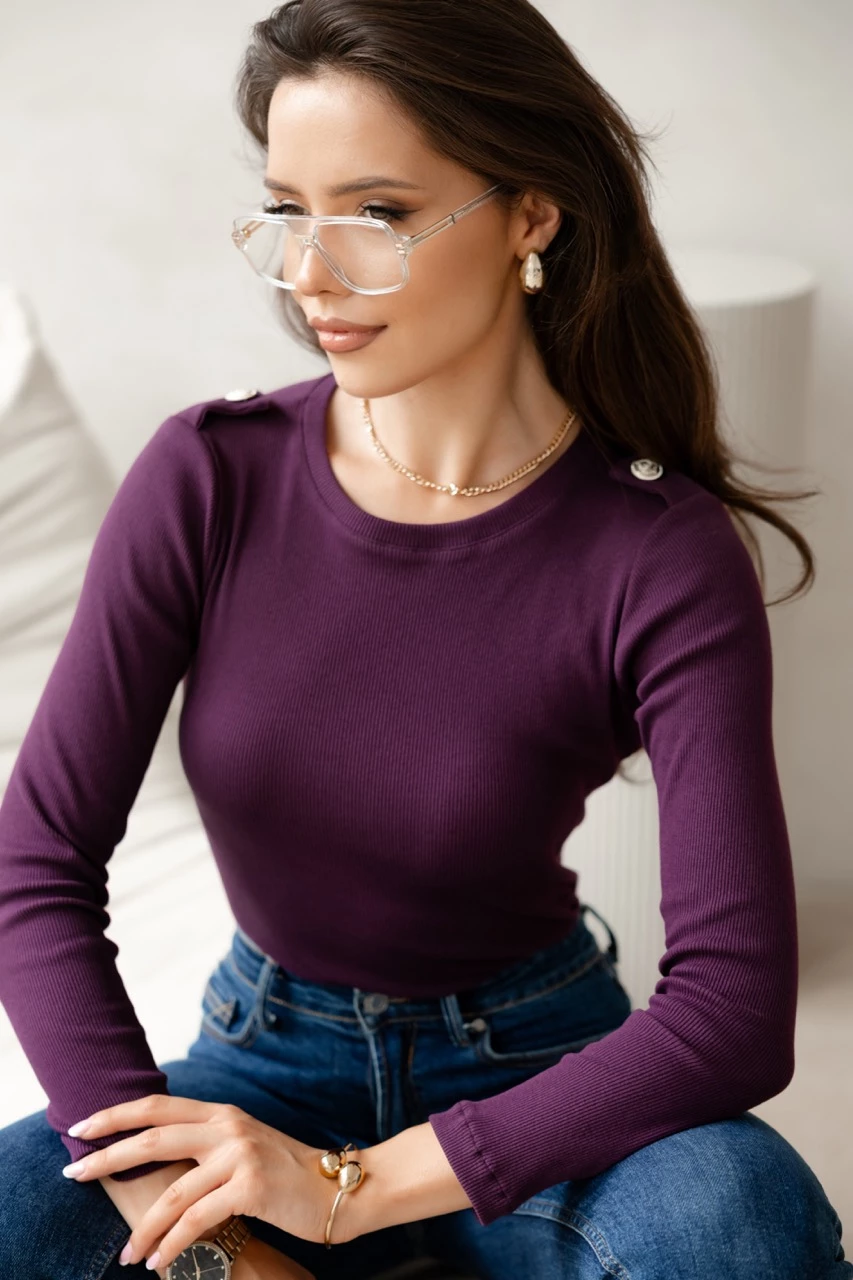 Purple Ribbed Long Sleeve Shoulder Detail Top