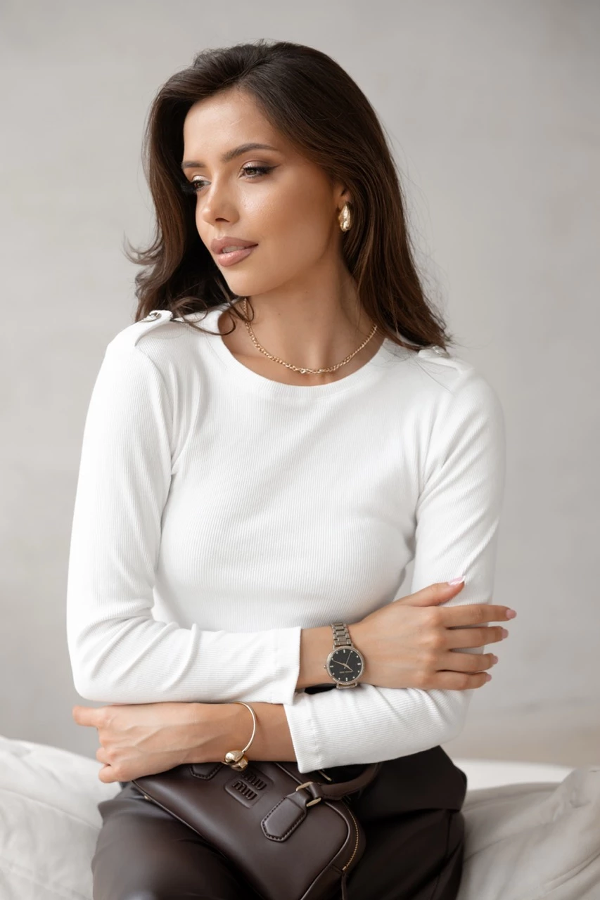 White Ribbed Long Sleeve Shoulder Detail Top