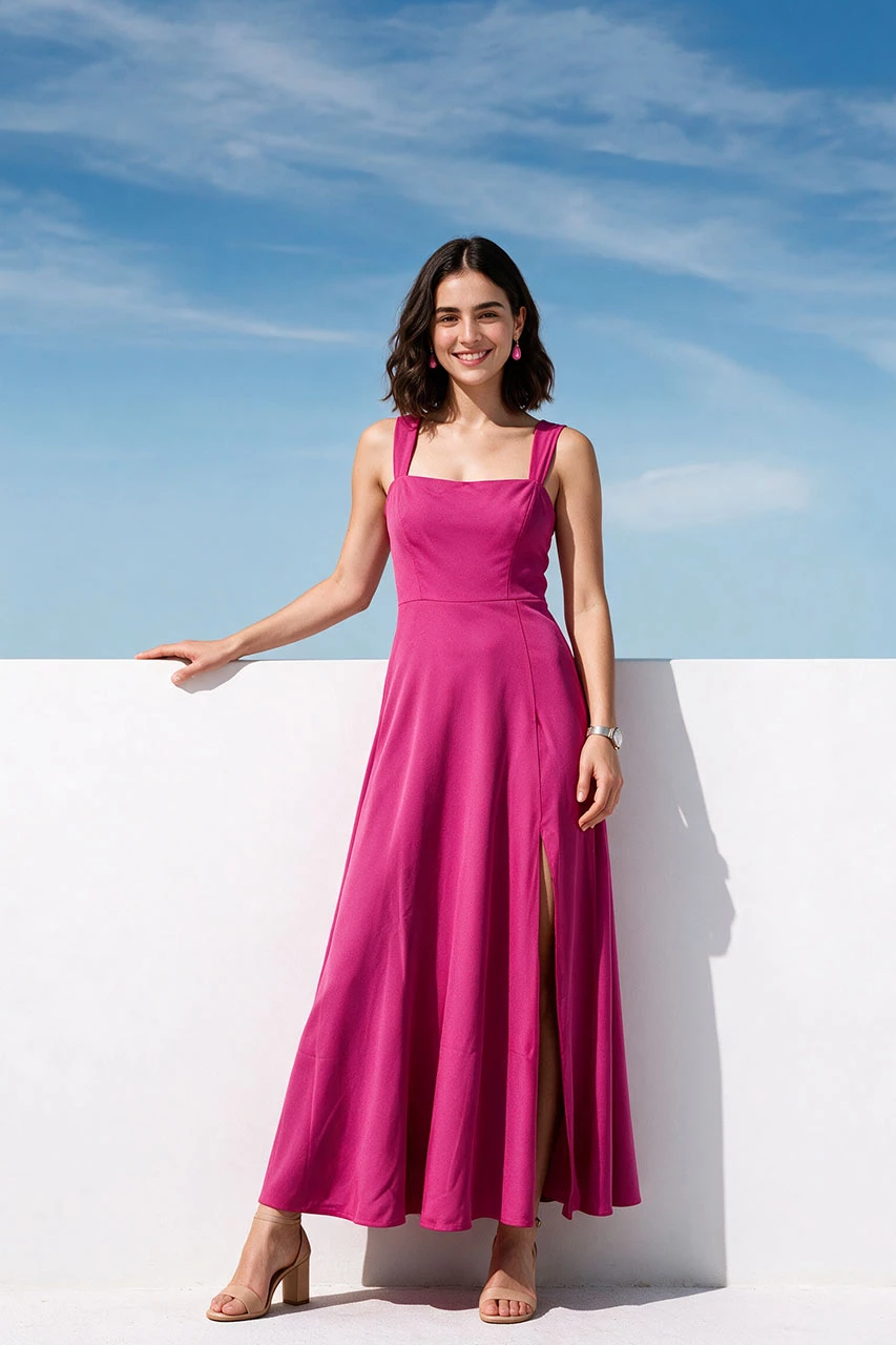 Fuchsia Square-Neck Side-Slit Maxi Dress