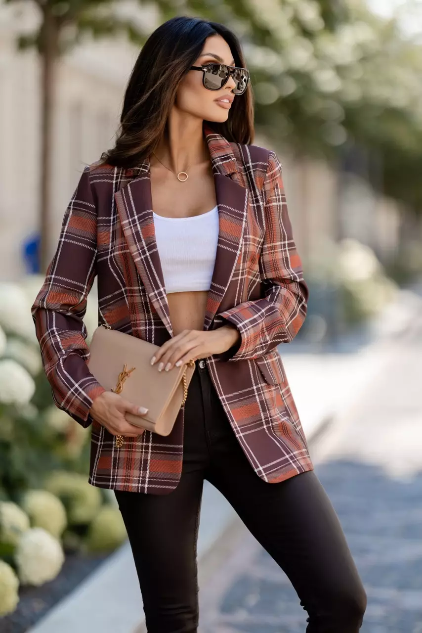 oversized modern plaid blazer for women - Rust Brown with Orange and White Plaid Pattern
