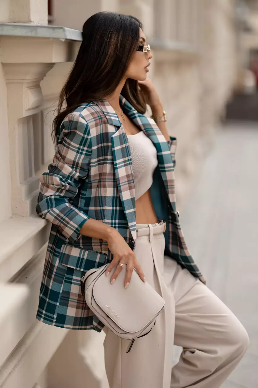 casual modern plaid blazer outfit ideas - Teal with beige and white checkered pattern